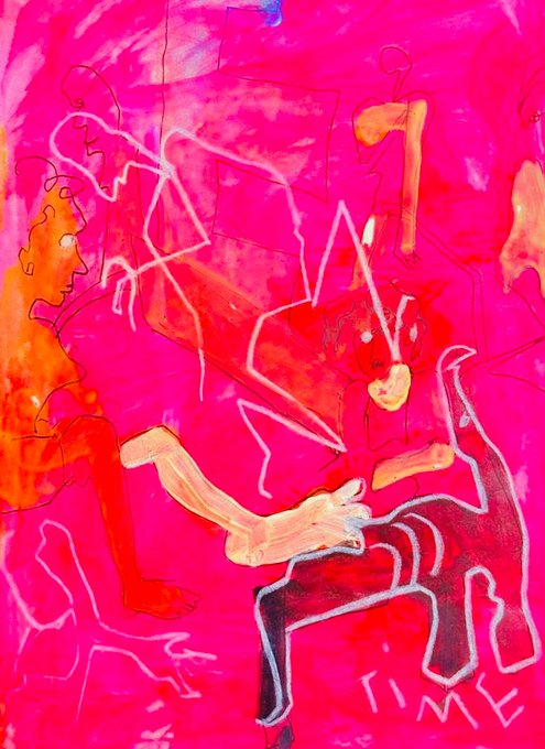 A vibrant abstract painting dominated by hot pink and red hues, featuring sketchy outlines of figures and animals in dynamic poses, with the word 'TIME' visible in the lower right corner.