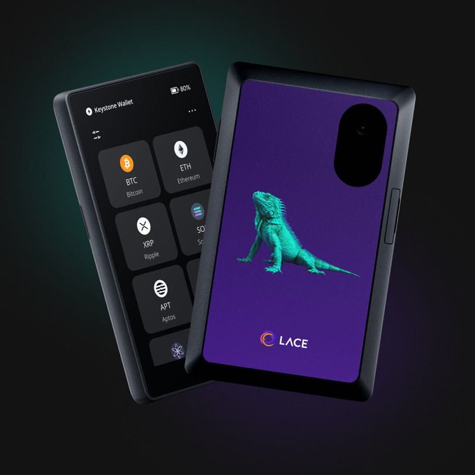A 3D render of a Lace hardware crypto wallet displaying various cryptocurrencies like BTC, ETH, XRP, SOL, and APT on its screen, with a teal iguana on its purple back cover.