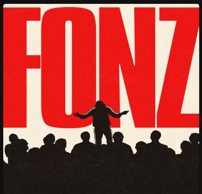 A bold promotional graphic features the word "FONZ" in massive red lettering, with a silhouetted figure in a hoodie standing triumphantly with arms outstretched above a crowd of shadowy onlookers. The image serves as branding for the Fonz NFT collection, the inaugural project in the @ponsdotfamily ecosystem, highlighting its 0.003 ETH mint price and limited supply of 3,333.
