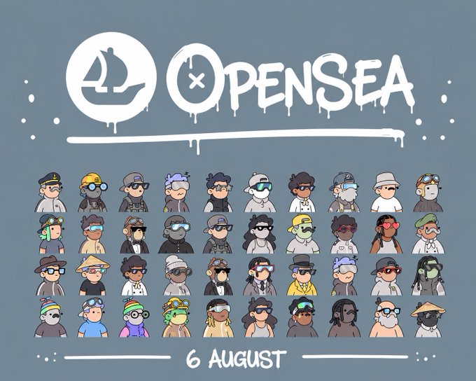 A promotional graphic for 'OpenSea' dated '6 August' showing rows of cartoon character avatars with various hats and accessories on a gray-blue background.