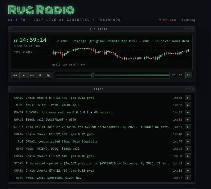 Screenshot of 'RUG RADIO' interface showing '88.8 FM | 24/7 LIVE AI GENERATED | ROBINHOOD' with a paused audio player displaying 'cdk - Rampage (Original RumbleStep Mix)' at 14:59:14, alongside a news ticker featuring crypto-related headlines about ETH gas, whale wallets, and tokens like FRIEND, POSM, DOJO, and VALE.