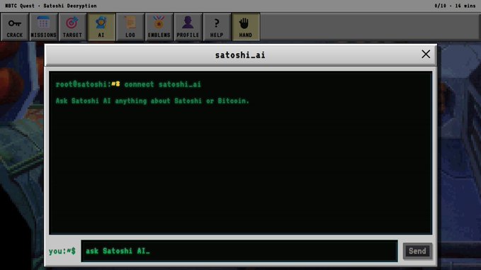 The image shows a terminal interface from a Bitcoin puzzle game called "MBTC Quest - Satoshi Decryption," displaying a command prompt connecting to "satoshi.ai" with an input field to "ask Satoshi AI…" This relates to the post by showcasing the new Satoshi AI Beta tool, which allows users to directly query an AI trained on Satoshi Nakamoto's whitepaper, emails, and forum posts rather than speculating about what he would say.