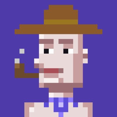 A pixel art portrait of a man wearing a brown cowboy hat and blue shirt, smoking a pipe with a serious expression against a solid purple background.
