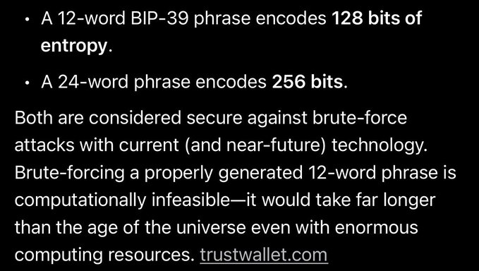 A text screenshot explaining BIP-39 phrases: 'A 12-word BIP-39 phrase encodes 128 bits of entropy. A 24-word phrase encodes 256 bits. Both are considered secure against brute-force attacks...' credited to trustwallet.com.