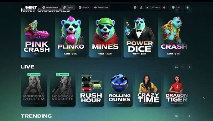 Screenshot of the MINT online casino/gaming platform homepage showing 'Mint Originals' games including Pink Crash, Plinko, Mines, Power Dice, and Crash, along with a 'Live' section featuring Monopoly Roll 'Em, Monopoly Roulette, Rush Hour, Rolling Dunes, Crazy Time, and Dragon Tiger.