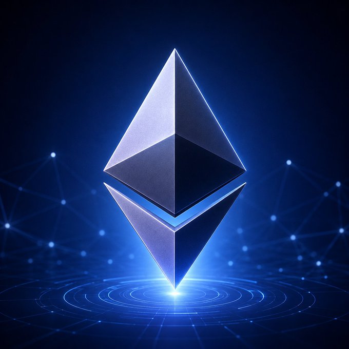 A stylized 3D rendering of the Ethereum logo, featuring two metallic diamond shapes stacked vertically and glowing with blue light against a dark, network-themed background.