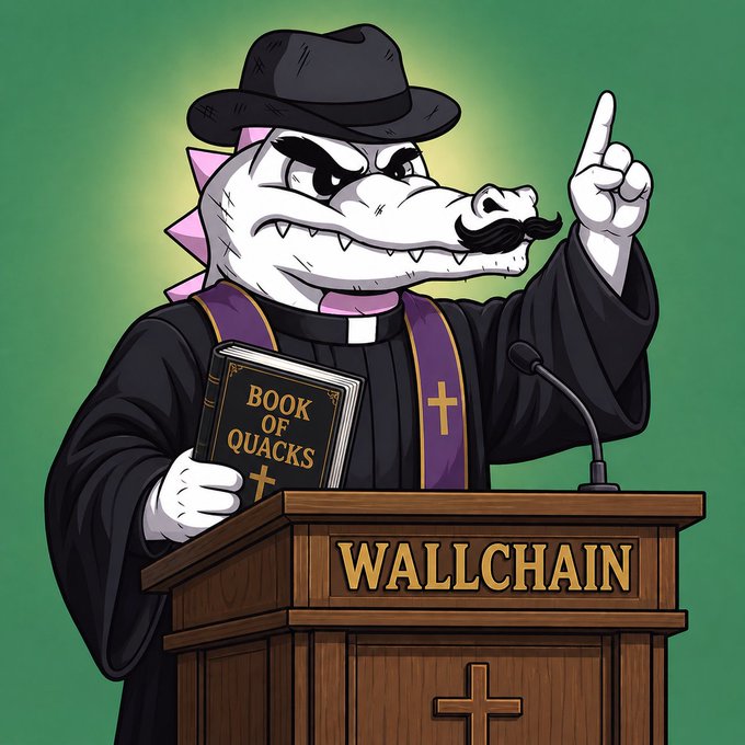 The image features an illustration of a cartoon crocodile, dressed as a priest with a black robe and hat, standing behind a podium and holding a book titled "Book of Quacks." The text in the image reads, "Happy Sunday Frens Today is another part of the weekend I mean another day to touch grass and chill off a little before the week starts. I'M @wallchain from the church currently. Why?? Because @wallchain is that important. I secured my daily Quacks because Wallchain". The cartoon crocodile appears to be giving a speech or lecture, possibly related to the book it's holding.