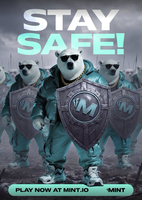 An advertisement for the crypto project MINT displaying polar bears dressed in teal tracksuits, sunglasses, and sneakers while holding shields with the 'VM' logo, with the text 'STAY SAFE!' and 'PLAY NOW AT MINT.IO'.