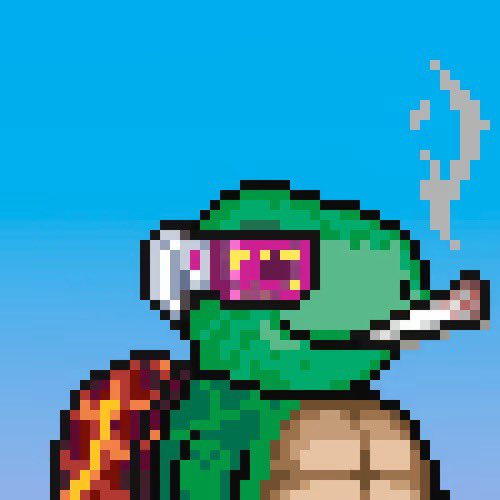A pixel art image of a green turtle wearing pink and purple sunglasses, smoking a cigarette with smoke rising against a blue sky background.