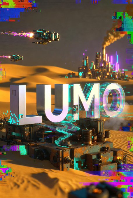 The image shows a poster for the video game "Lumo", which is about fixing and building floating cities using only three pieces of machinery. The text on the poster reads "Stop trading fluff, start trading reality!" and it includes illustrations of floating structures surrounded by sand dunes, emphasizing the futuristic and technological nature of the game. The post suggests that players can take advantage of the unique opportunity to build a physical asset in real-world currency within the game.
