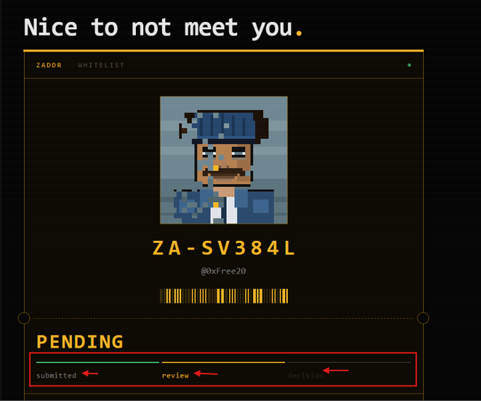 The image displays a Zaddr Whitelist application page featuring a pixel-art character with the title "Nice to not meet you." The application ID reads "ZA-SV384L" with the username "@xfree20" and a barcode, while red arrows highlight the three stages of the application process at the bottom: "submitted," "review," and "decision" — all marked as "PENDING." This visual relates to the Zcash NFT whitelist promotion, emphasizing the private/public nature of the collection where unique faces are public but owners remain anonymous.