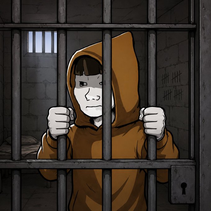 An illustrated depiction of a person in a brown hooded robe gripping the bars of a prison cell, with tally marks scratched into the stone wall behind them.