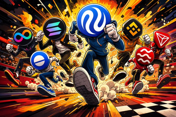 A dynamic comic-style illustration shows anthropomorphized blockchain logos—including Injective's distinctive blue swirl, Polkadot, Cosmos, and others—racing forward on a vibrant track amid explosive flames, symbolizing a competitive sprint among blockchains. The imagery visually reinforces the post's message about Injective's superior transaction speed and performance, with its prominent central position and the explosive backdrop highlighting its lead in the TPS race.