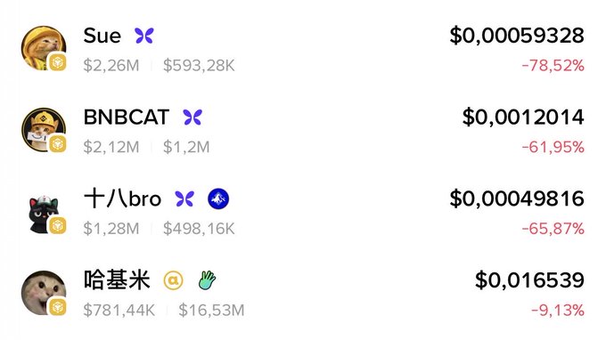 A cryptocurrency leaderboard displays entries for 'Sue', 'BNBCAT', '十八bro', and '哈基米' with prices and significant percentage drops in red, ranging from -9.13% to -78.52%.