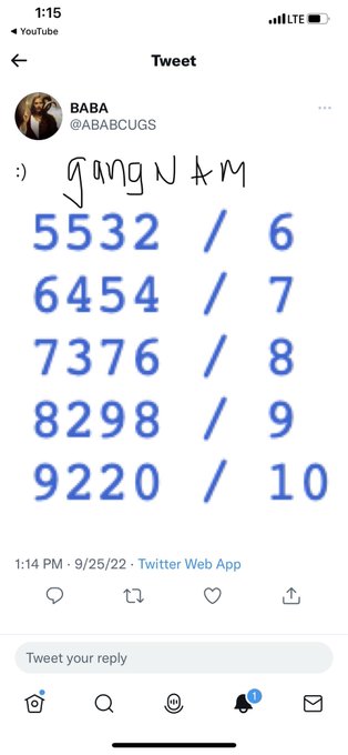 The image contains a tweet from user BABA (@ABABCUGS) showing "gang N&M" alongside a numerical sequence: 5532/6, 6454/7, 7376/8, 8298/9, and 9220/10. The accompanying post suggests that the number 9220 paired with 10 symbolizes 9/22 being the 10th month (October), relating to XRP speculation.