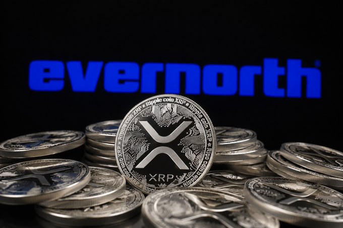 A pile of XRP (Ripple) cryptocurrency coins in the foreground with the blue 'evernorth' logo displayed prominently in the background.