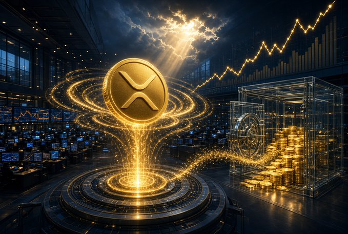 A digital illustration depicting a gold XRP (Ripple) cryptocurrency coin floating above a glowing platform, surrounded by rising charts, gold coins, and a futuristic trading room setting.