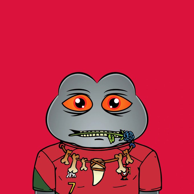 A cartoon gray frog-like character with red eyes, wearing a red shirt and a primitive bone and tooth necklace, holding a blue rose in its mouth against a red background.