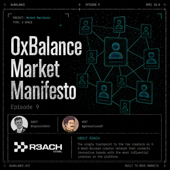 A promotional graphic for the '0xBalance Market Manifesto, Episode 9' podcast featuring a network diagram of connected profile icons, with guest @captainCKeth and host @generaltuna19 on the R3ACH NTWRK platform.