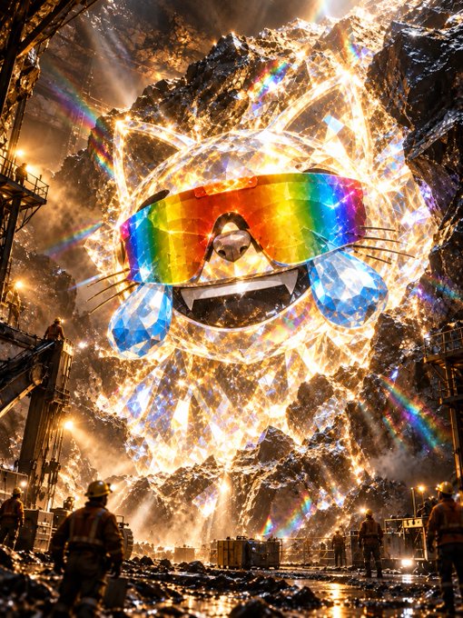 A massive glowing crystalline sculpture featuring giant rainbow sunglasses dominates a cavernous industrial scene, with workers in hard hats visible below.