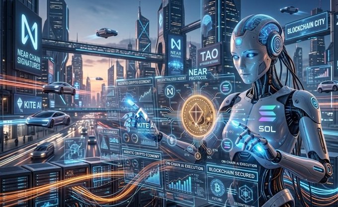 Futuristic illustration of a female robot/AI in a neon cityscape with various cryptocurrency and blockchain-related text including 'NEAR CHAIN SIGNATURES', 'KITE AI', 'TAO NEAR PROTOCOL', 'BLOCKCHAIN CITY', and 'BLOCKCHAIN SECURED'.