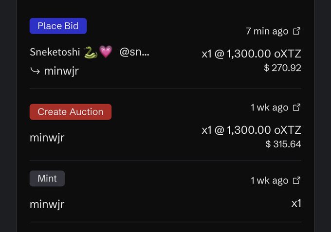 A dark-themed NFT auction interface showing entries for 'Place Bid', 'Create Auction', and 'Mint' by users 'Sneketoshi' and 'minwjr' with prices listed in oXTZ and USD.