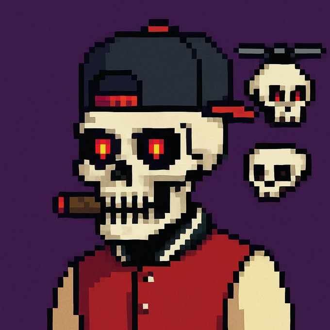 A pixel art illustration of a skeletal figure wearing a backwards baseball cap and red shirt, smoking a cigar with glowing red eyes, accompanied by small skull icons.