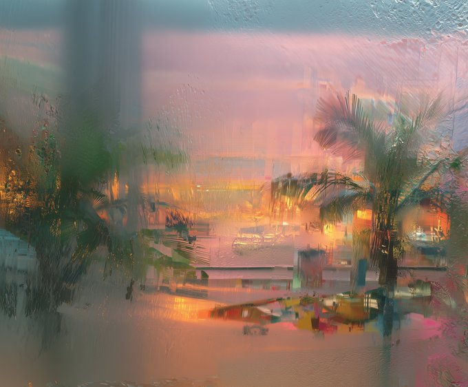 The image features a painting of palm trees with a sunset background, creating an impressionistic style that emphasizes color and light over detail. The artist has used a glass window as their canvas, which adds a unique texture and depth to the artwork. The colors in the painting are vibrant and warm, reflecting the beauty of nature during sunset. The post includes text that reads "just collected ꜩezos" by VLDZ ∞ Vampy THIS ꜩuesday ➝", suggesting that this image was captured on a specific day or at a particular time when the artist decided to create it.