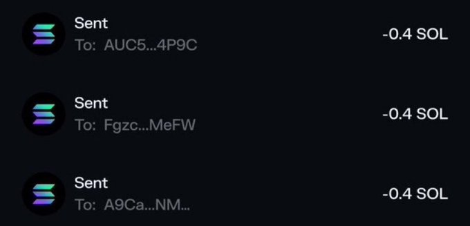 A screenshot of a cryptocurrency transaction history showing three 'Sent' transactions of '-0.4 SOL' to different wallet addresses ending in '4P9C', 'MeFW', and 'NM...'.