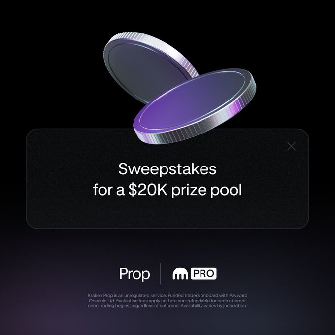 Promotional graphic featuring two stacked metallic purple and silver coins above a dark banner announcing "Sweepstakes for a $20K prize pool," with Kraken Prop and m.PRO logos at the bottom, illustrating the post's offer of up to 3 entries per evaluation attempt for the $20,000 sweepstakes giveaway.