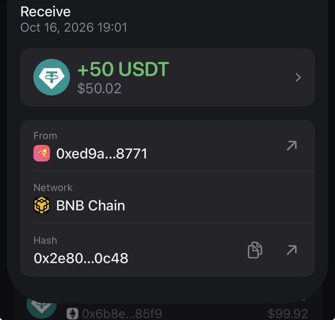 A crypto receive notification showing +50 USDT ($50.02) deposited on BNB Chain from wallet 0xed9a...8771, with transaction hash 0x2e80...0c48. The image appears to document a crypto giveaway payout, though it shows $50.02 received rather than the advertised $30 prize in the tweet.