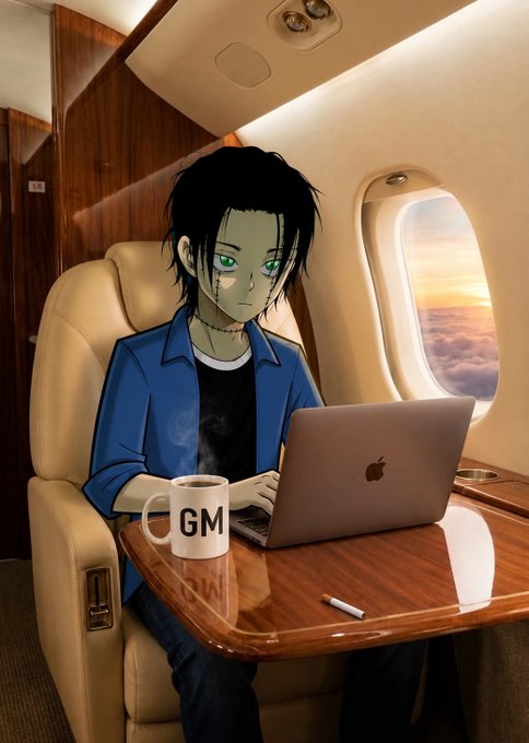An anime-style character with green eyes and black hair sits in a luxury airplane seat working on a MacBook laptop, with a steaming mug labeled 'GM' on the wooden table beside them.