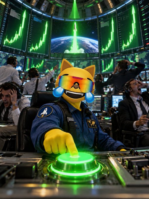 A scene showing a crying cat emoji wearing reflective sunglasses and a NASA-style flight suit, pressing a glowing green button in a chaotic mission control room with rockets launching on screens behind.