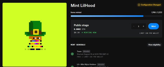 A NFT minting page for 'LilHood' showing 1,768 of 2,222 items minted, with a pixel-art character wearing a green hat on a yellow background, minting at 0.0002 ETH ($0.38) per item, and an allowlist mint schedule starting August 10 at 8:00 PM GMT+6.