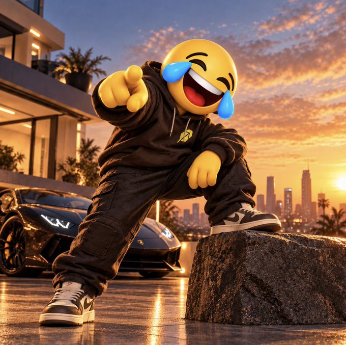 A figure wearing a yellow laughing-crying emoji mask, dressed in a black hoodie and cargo pants with sneakers, posing on a rock in front of a luxury sports car and modern building at sunset.