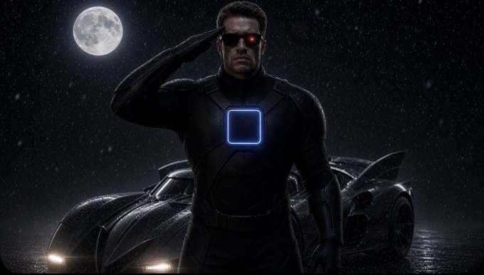 A man in a dark futuristic suit with a glowing blue square on his chest salutes while standing in front of a black sports car under a full moon.