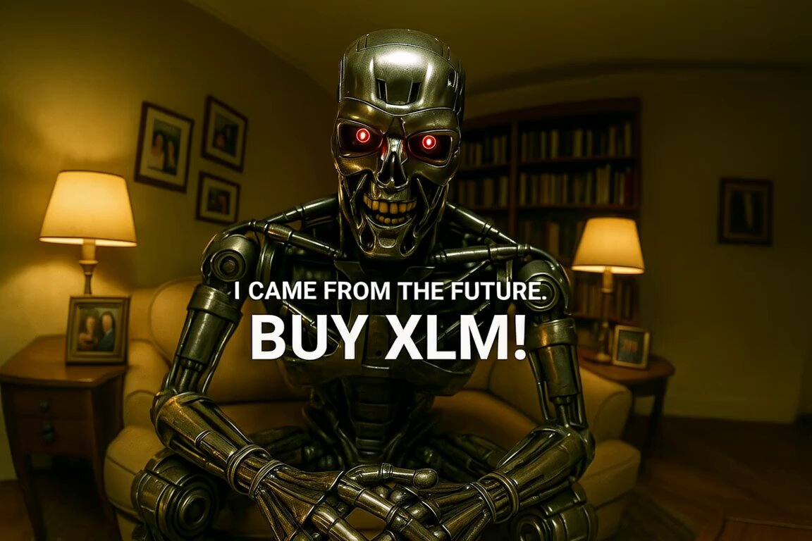 The image features a robot sitting on top of a couch, surrounded by various books scattered around the room. The text "I came from the future Buy XLM!" is written above the robot's head, indicating that the robot has been purchased or acquired recently. This suggests that the robot might be used for advertising purposes or as an item to sell in stores.