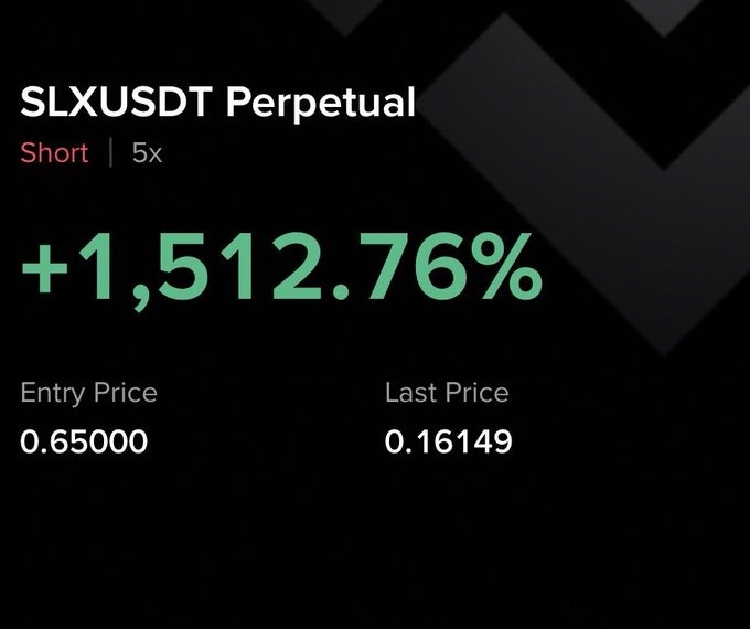 The image displays a closed short position on the SLXUSDT Perpetual pair with 5x leverage, showing a +1,512.76% gain after the price dropped from an entry of 0.65000 to 0.16149. This aligns with the post's celebration of profiting from $SLX airdrops, highlighting the significant returns earned as token claims drove the price down.