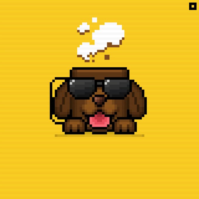 A pixel art image depicts a brown dog wearing black sunglasses and a headband, sticking its tongue out, with a white thought bubble above it, set against a yellow background.
