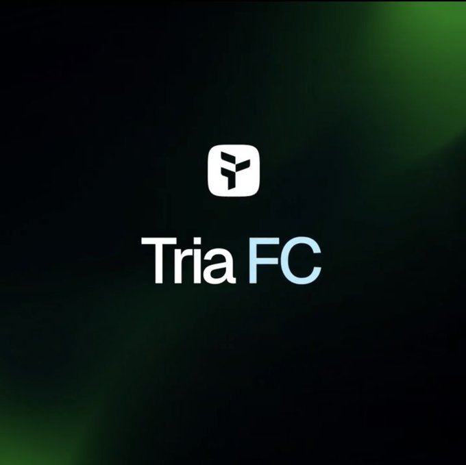 The image displays the Tria FC logo and branding against a dark green gradient background, representing the predictions feature highlighted in the accompanying post about the platform's integrated on-chain financial ecosystem.
