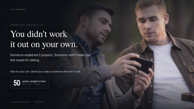 An advertisement shows two men looking at a phone with the text 'You didn't work it out on your own,' offering 50 points to refer a friend to Arengium.