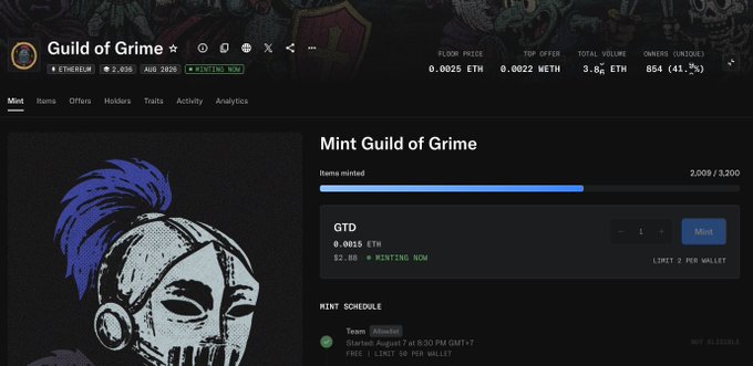 A screenshot of the "Guild of Grime" NFT collection page on Ethereum shows the minting screen with a stylized warrior character, where the items minted counter has reached 2,009 out of 3,200, indicating the user successfully minted their allocation at 0.0025 ETH each.