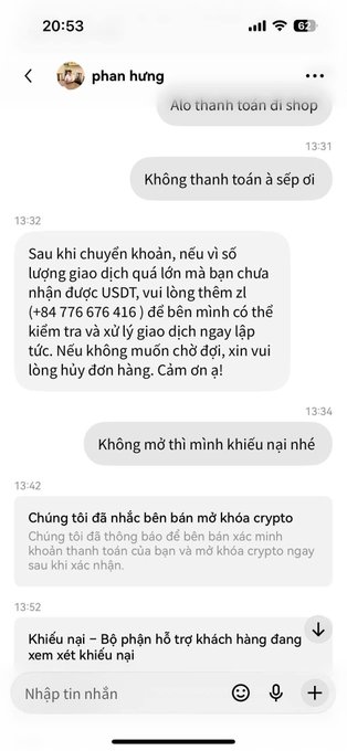 A Vietnamese-language DM conversation with 'phan hưng' where the sender claims a payment was unsuccessful and asks the user to contact Binance support via a phone number (+84 776 676 416), a classic crypto scam tactic.