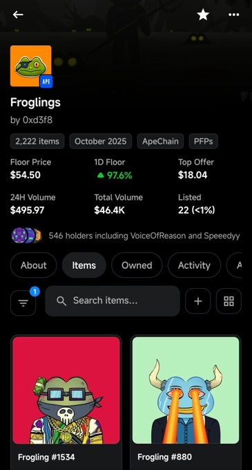 Screenshot of an NFT collection page titled 'Froglings' by 0xd3f8, showing a floor price of $4.50, 2,222 items, 546 holders, and preview images of two frog NFT characters.