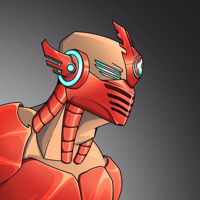 A red robotic humanoid figure with glowing cyan circular accents and fin-like protrusions on its head is shown in profile view. The image serves as the featured NFT artwork for the mint details update, which announces key collection parameters including a 700 supply, 0.0011 ETH mint price, and an August 12th, 2026 launch on the Robinhood chain.