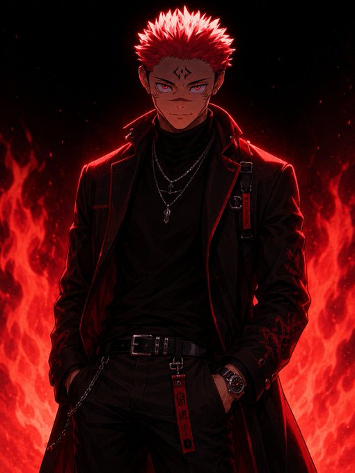 Anime-style illustration of a character with spiky red hair, red eyes, and facial markings, wearing a black coat and turtleneck, standing before a backdrop of red flames.