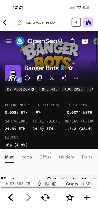 Screenshot of OpenSea.io webpage showing the "Banger Bots" NFT collection by VIBEZGM with a floor price of 0.0081 ETH and 1,313 unique owners.