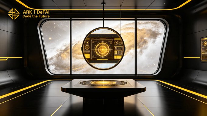 The image shows a futuristic room with a large circular window that displays an outer space scene. The room has black walls and yellow lines running down the center, giving it a futuristic appearance. There are two people standing near the window, possibly admiring or discussing the view outside. The image also contains text that reads " Ark I DFAI Color the future" and " Ark I DFAI Color the future".