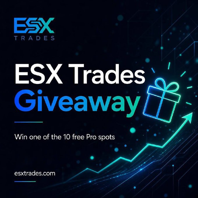 An ESX Trades promotional graphic for a giveaway of 10 free Pro spots, featuring a neon gift box and upward trending arrow.