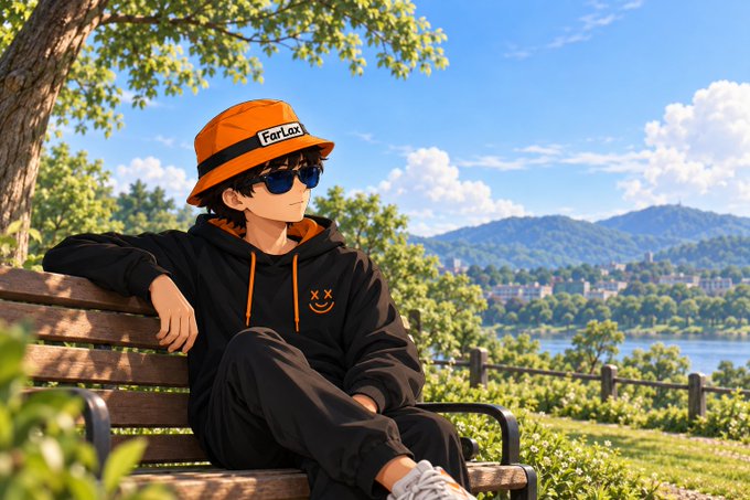 An anime-style illustration of a young man wearing an orange bucket hat labeled 'ForLax', sunglasses, and a black hoodie with an 'xx' smiley design, sitting on a wooden bench overlooking a scenic lake and mountains.